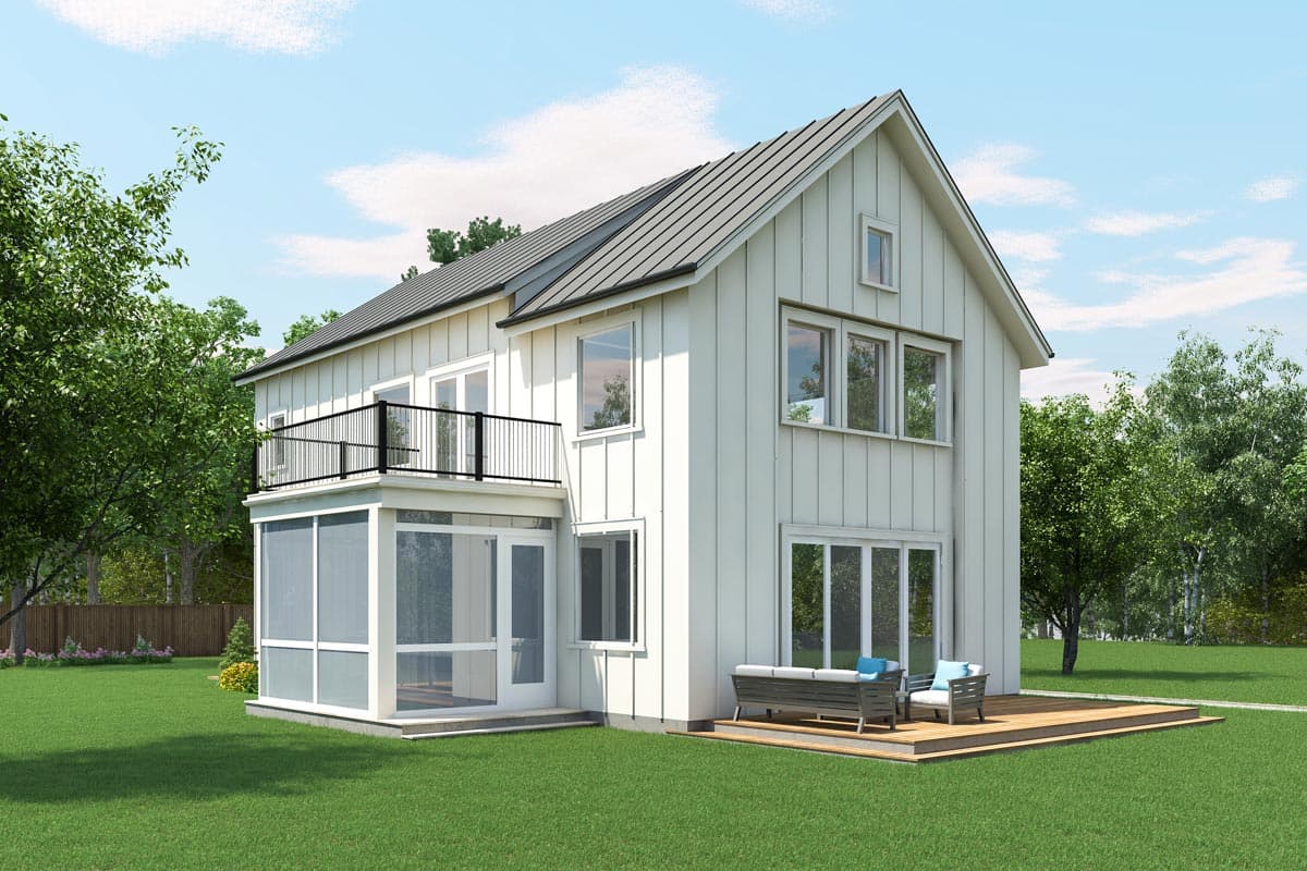 Modern Farmhouse house plan exterior with metal roof, screened porch, second-story balcony, and board and batten siding.
