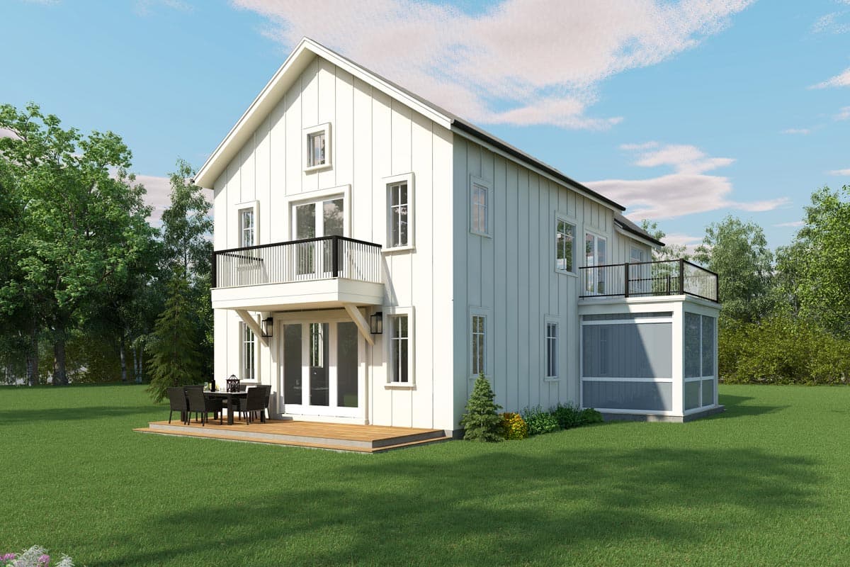 House plan exterior: Two-story Modern Farmhouse with gabled roof, upper balcony, lower deck, and screened porch.