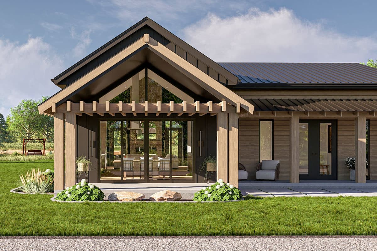 Plan 623444DJ: 2-Bed Barndominium House Plan with Outdoor Fireplace - 2199 Sq Ft - Image #5 - Barndominium, Mid Century Modern, Modern Farmhouse, New American, Ranch