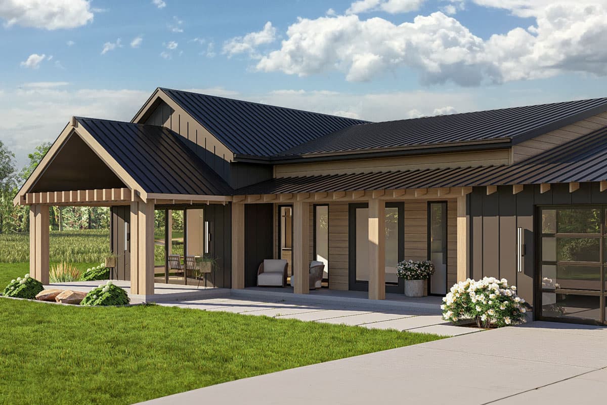 Modern Farmhouse house plan exterior with a prominent gable roof, exposed rafter tails, and a covered entry porch supported by large timber posts.