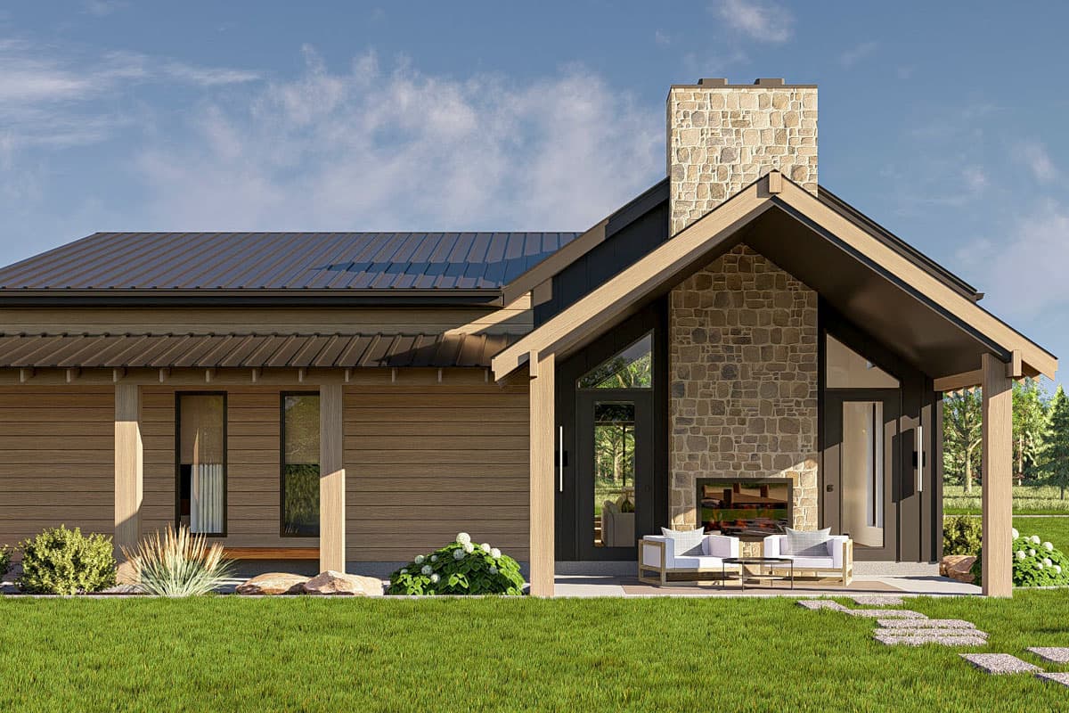 Plan 623444DJ: 2-Bed Barndominium House Plan with Outdoor Fireplace - 2199 Sq Ft - Image #9 - Barndominium, Mid Century Modern, Modern Farmhouse, New American, Ranch