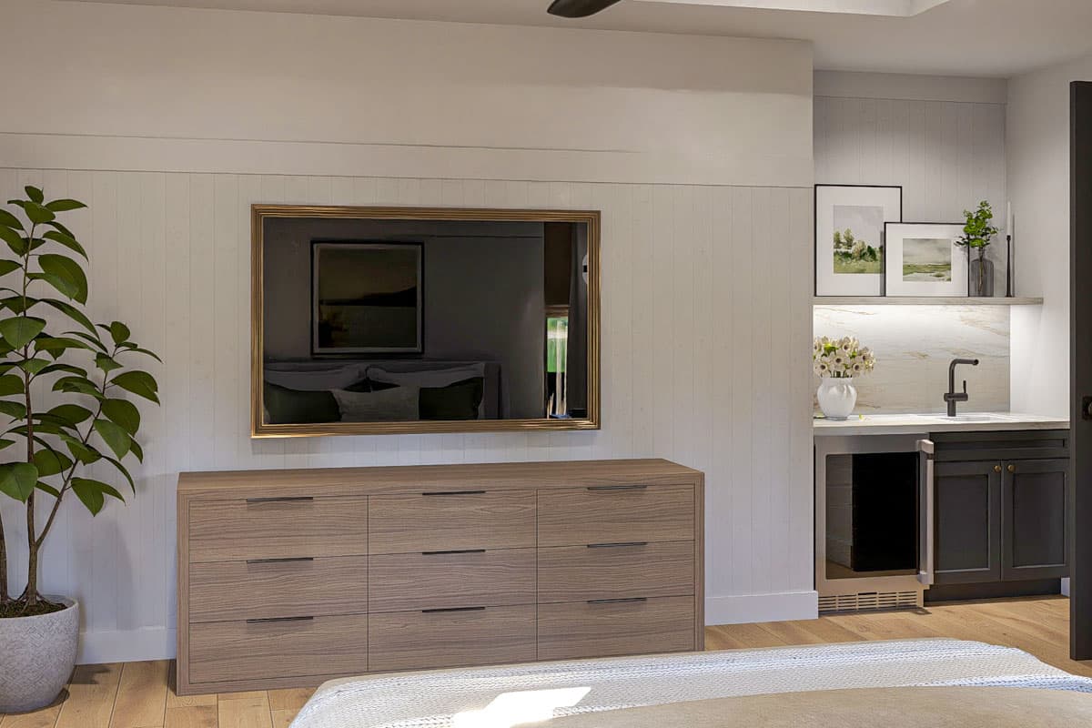 Plan 623444DJ: 2-Bed Barndominium House Plan with Outdoor Fireplace - 2199 Sq Ft - Image #24 - Barndominium, Mid Century Modern, Modern Farmhouse, New American, Ranch