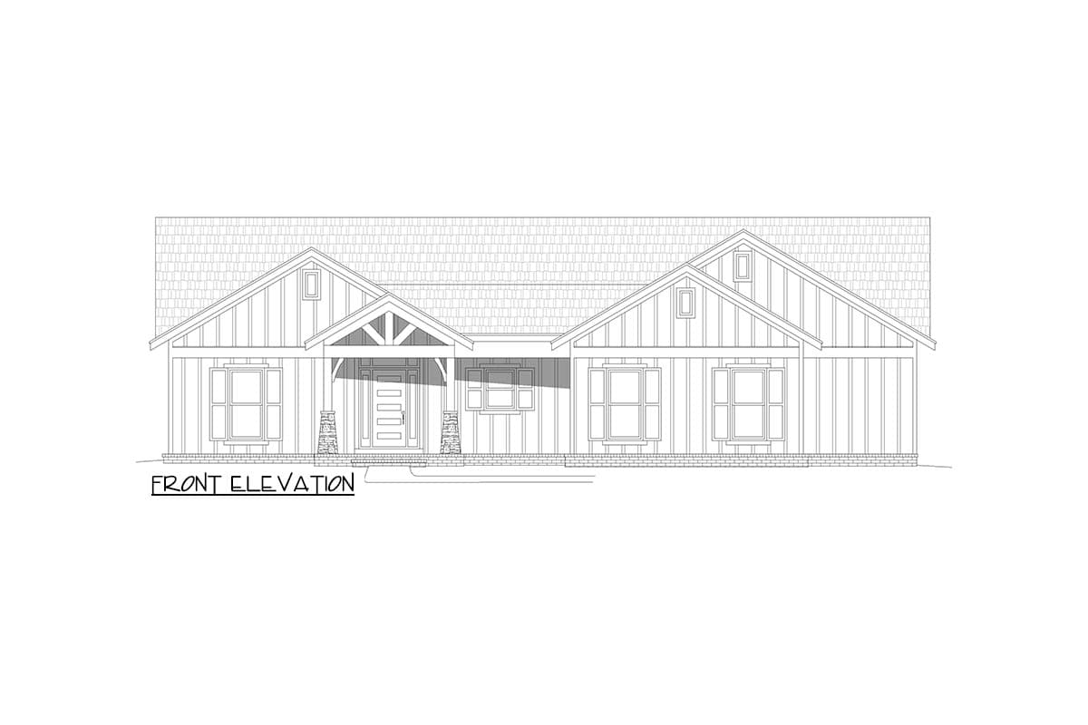 Front elevation drawing of a one-story house with a covered porch, gables, and board and batten siding.
