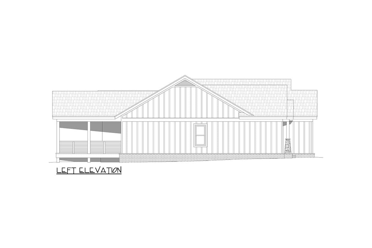 Left elevation house plan showing a covered porch, vertical siding, gable with vent, and a stone column detail.