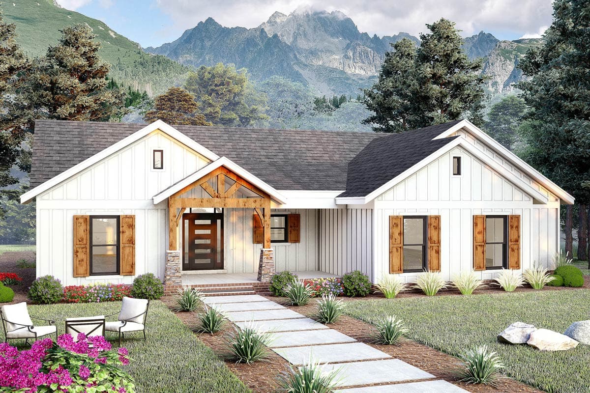 House plan exterior rendering. Features a one-story, farmhouse style with a gabled roof, wooden shutters, and a covered porch with exposed beams.