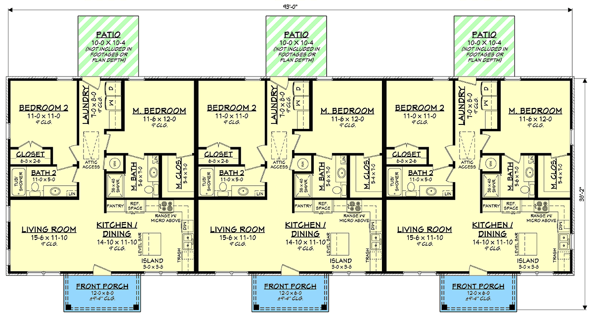 Plan 51980HZ: Country Style Triplex House Plan with 2-Bed and 2-Bath Units Under 1000 Sq Ft - Floor Plan - Main Level - Country, Modern Farmhouse, Traditional