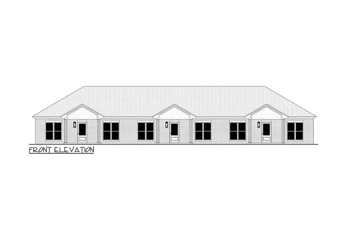 Front elevation drawing of a single-story duplex with symmetrical windows and a central gabled entrance.