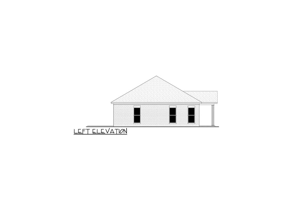 Left elevation drawing of a single-story house with three windows, a pitched roof, and a porch with one column.