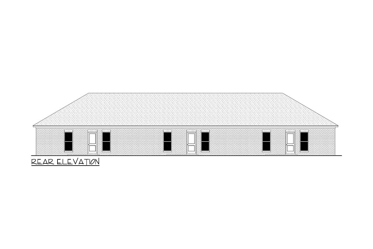 Rear elevation of a single-story house plan with brick exterior, central door, and paired windows.