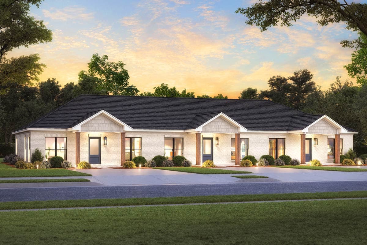 Ranch house plan exterior with white brick, multiple gables, covered entries with wood columns, and dark doors.