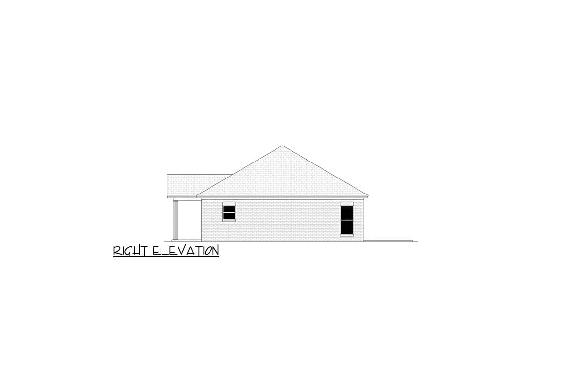 Right elevation drawing of a single-story house plan with a prominent gable roof and attached covered entry.