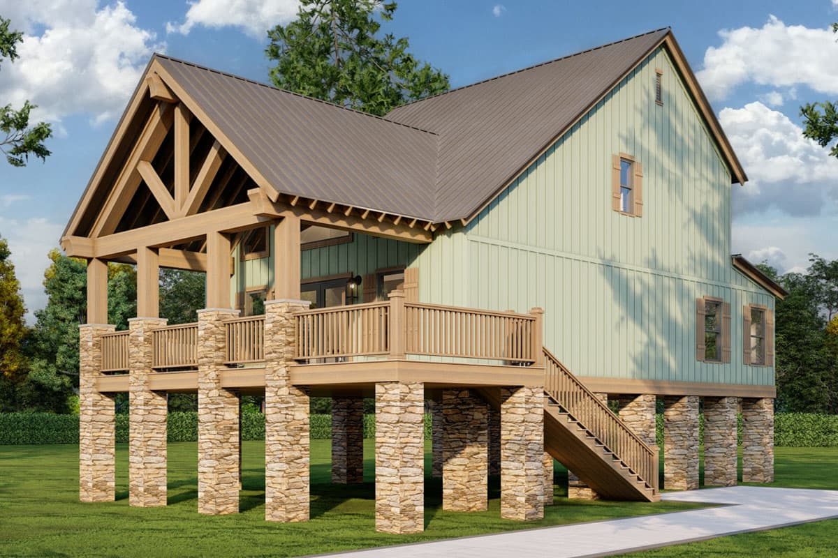 House plan exterior with Craftsman style, two stories, and a raised porch supported by stone columns, a gabled roof, and a staircase.