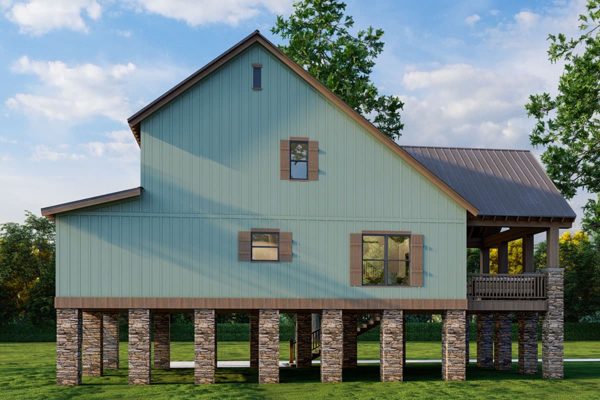 House plan exterior: Modern Farmhouse style, two stories, elevated on stone piers, with a covered porch, gabled roof, and vertical siding.