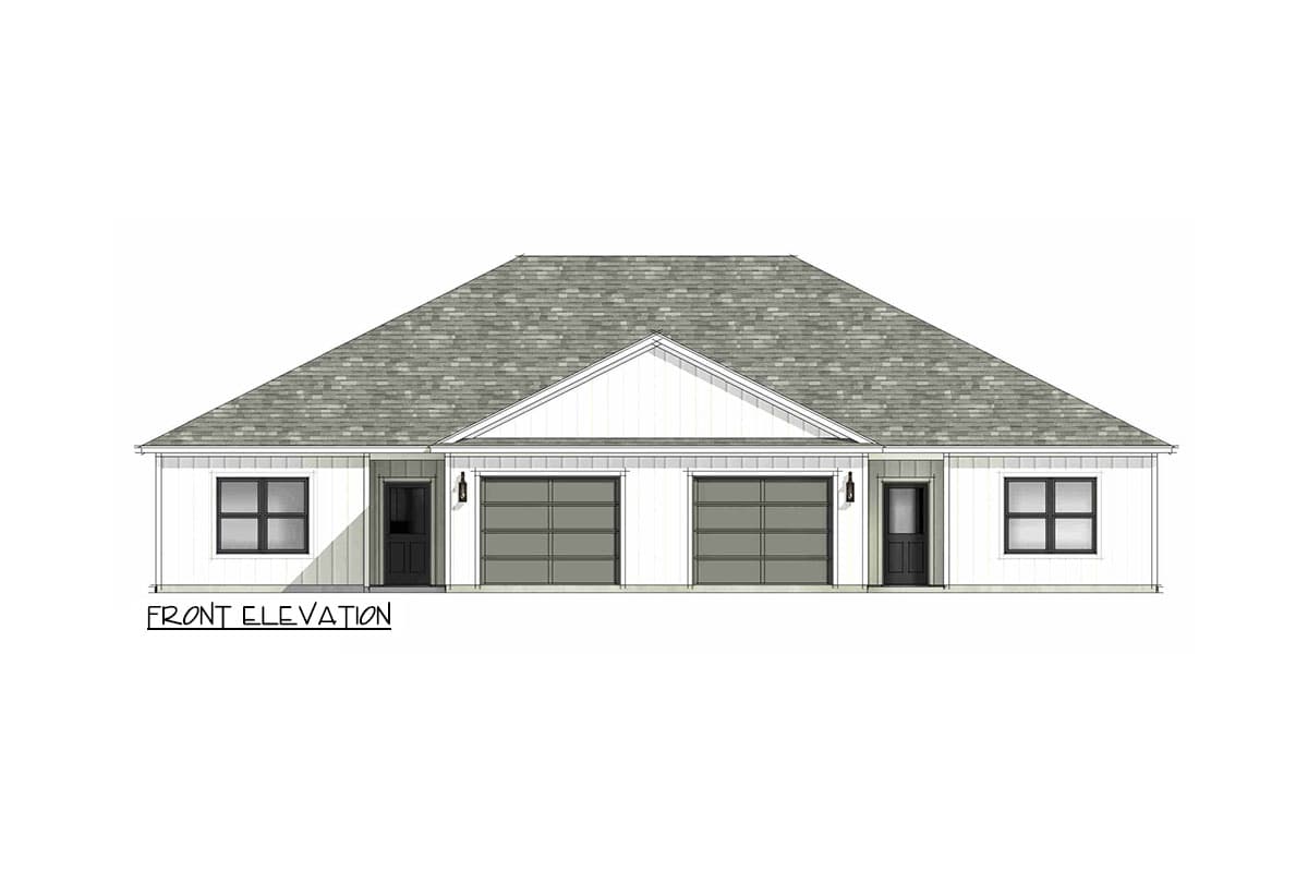 Front elevation drawing of a one-story modern farmhouse duplex with a symmetrical facade, dual garage doors, and gabled roof.