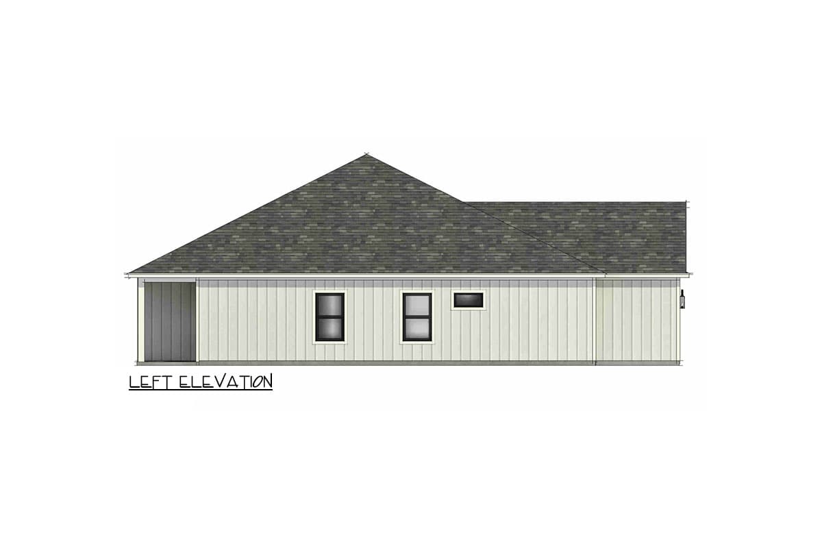 Left elevation drawing of a single-story house plan with vertical siding, gabled roof, and two windows.