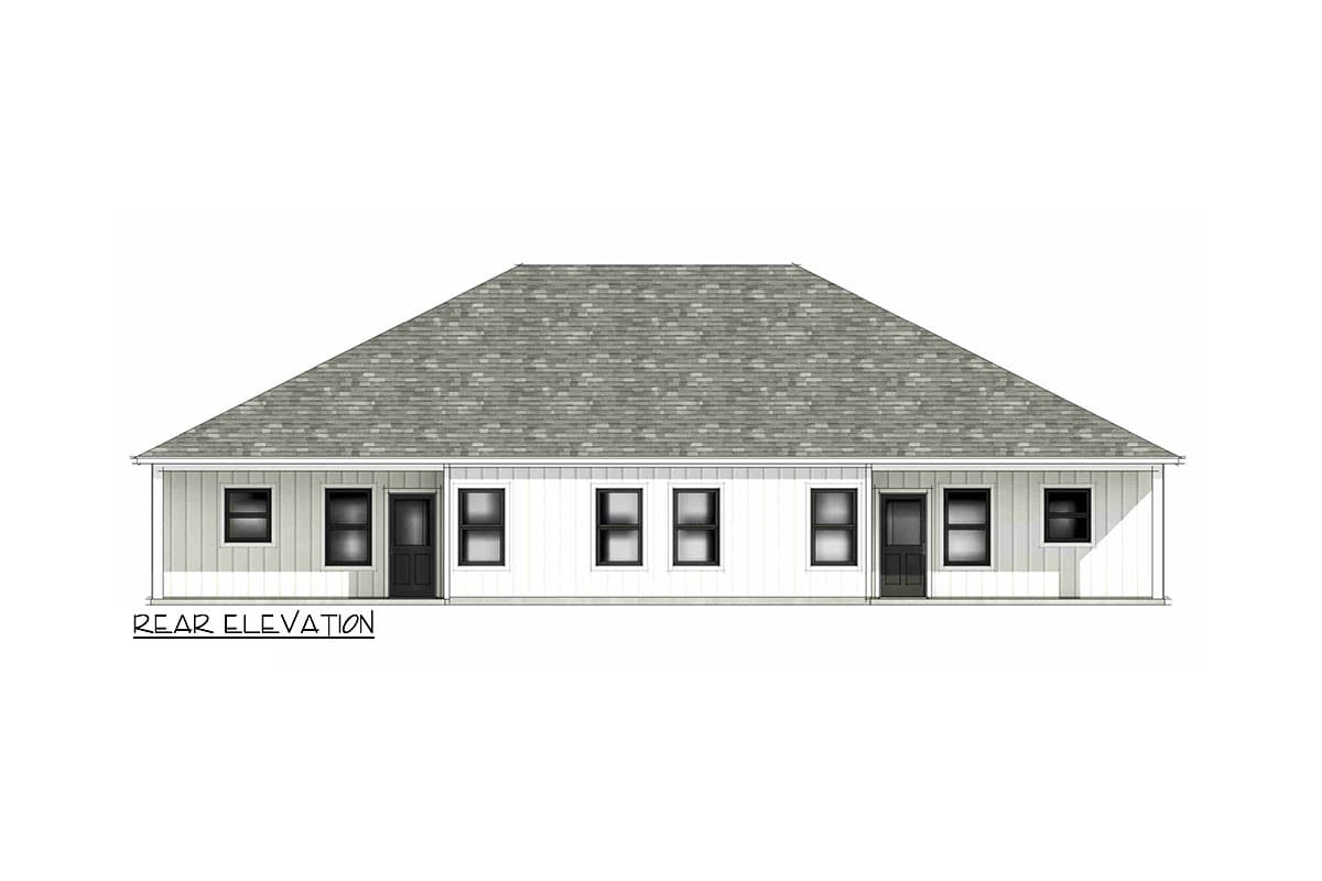 Rear elevation drawing of a one-story house plan with a symmetrical roofline, two doors, and multiple windows.