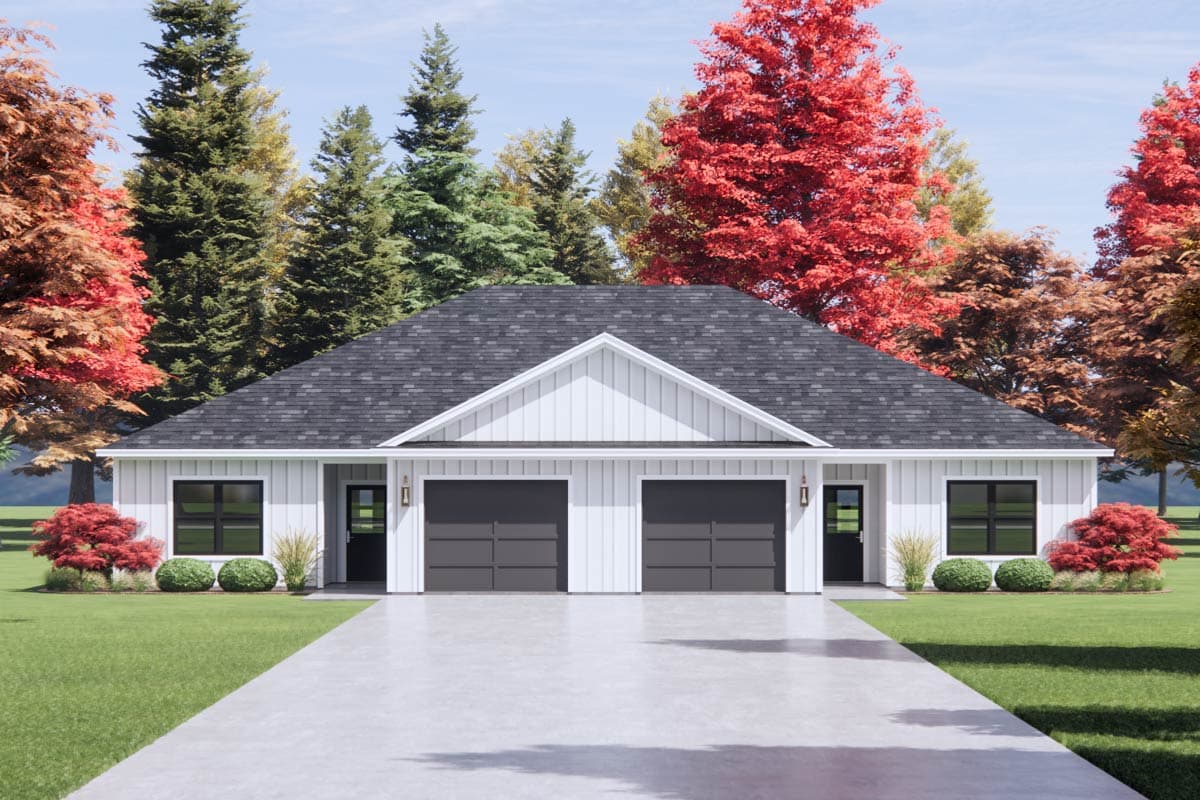House plan exterior. One-story Modern Farmhouse with gable roof, two-car garage, and black-framed windows.