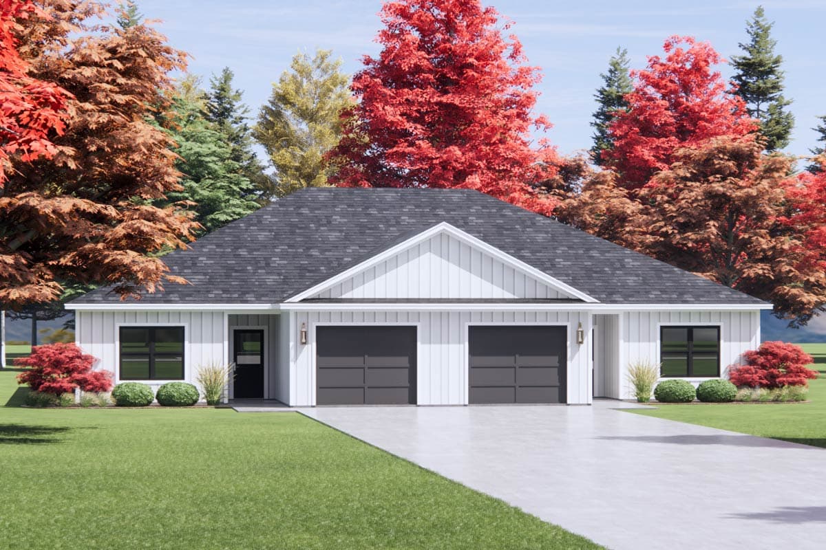 House plan exterior: Modern ranch style, one story with a symmetrical front, two-car garage, and a prominent gable.