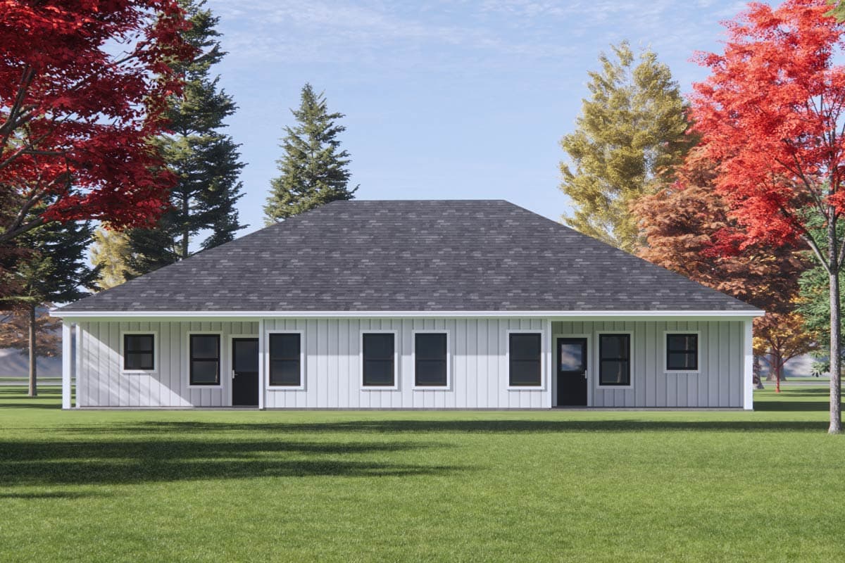 House plan exterior: One-story home with a large hipped roof, white siding, and two doors with adjacent windows.