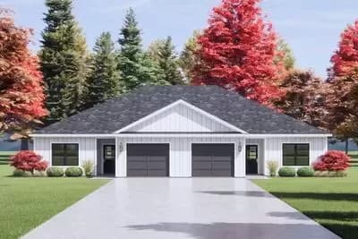 Country Duplex House Plan with 2-Bed, 2-Bath Units Under 1250 Square Feet