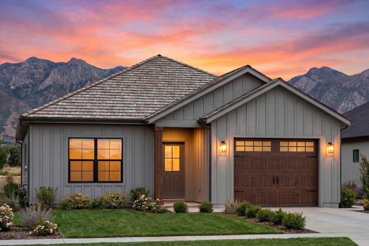 House plan exterior: Modern Farmhouse style, one story, with a prominent gable, wood shake roof, and attached garage.