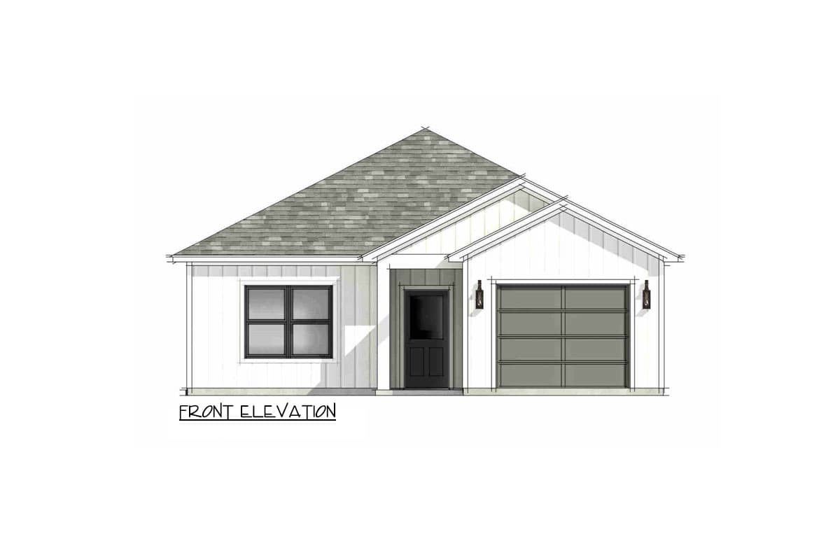 Front elevation drawing of a one-story house with a gable roof, board-and-batten siding, and an attached garage.