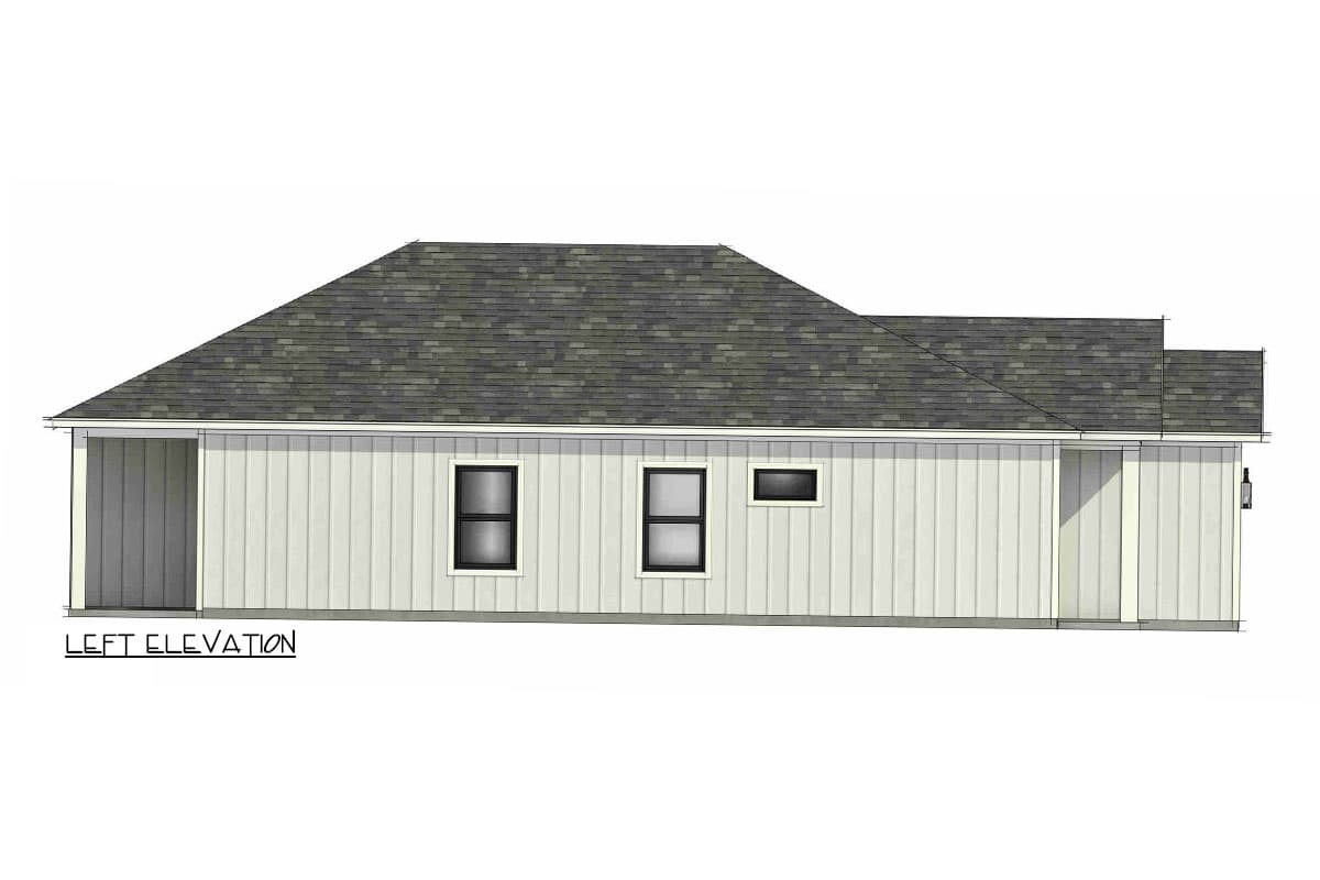 Left elevation house plan drawing of a one-story home with vertical siding, asphalt shingle roof, and two windows.