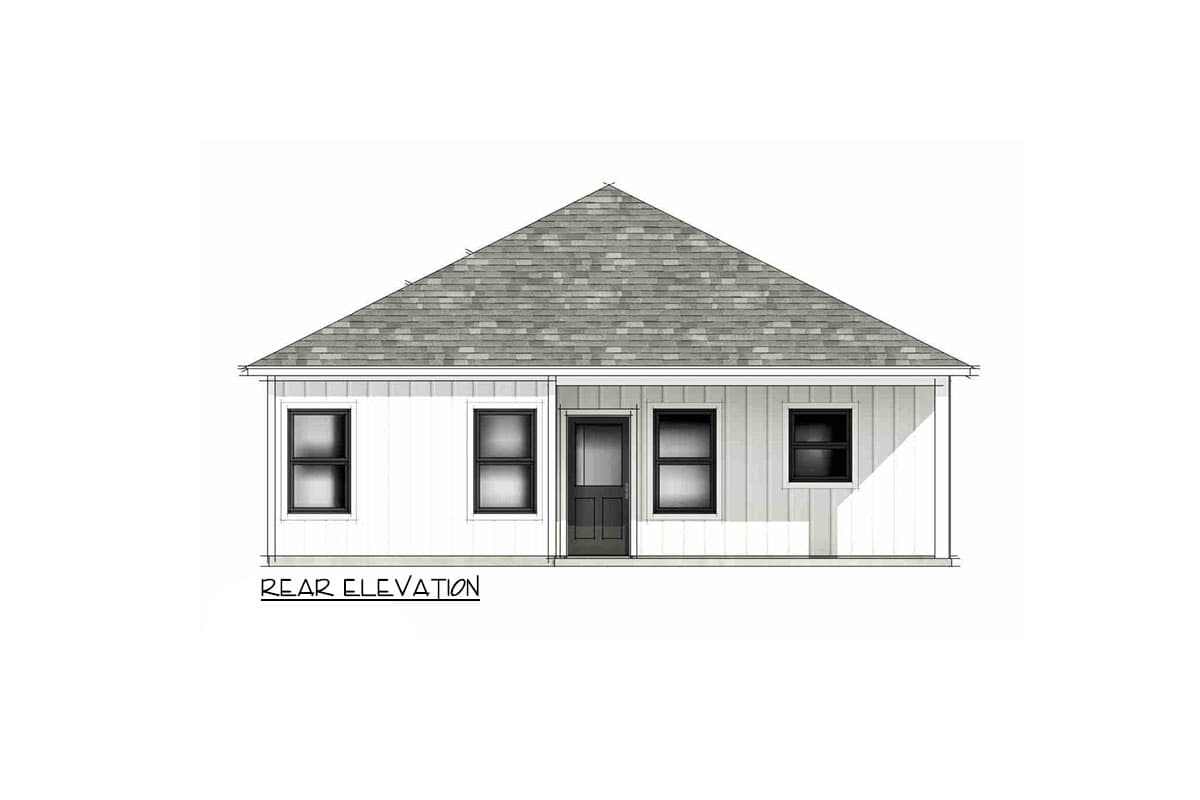 Rear elevation drawing of a one-story house with a gable roof, white siding, and four windows.