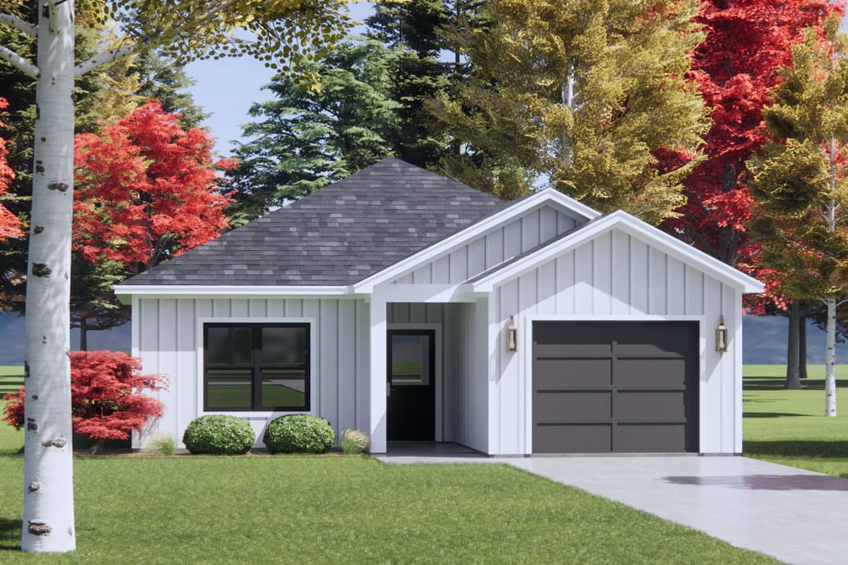 House plan exterior with board and batten siding, gable roof, and attached garage. Includes a covered entryway and decorative wall sconces.
