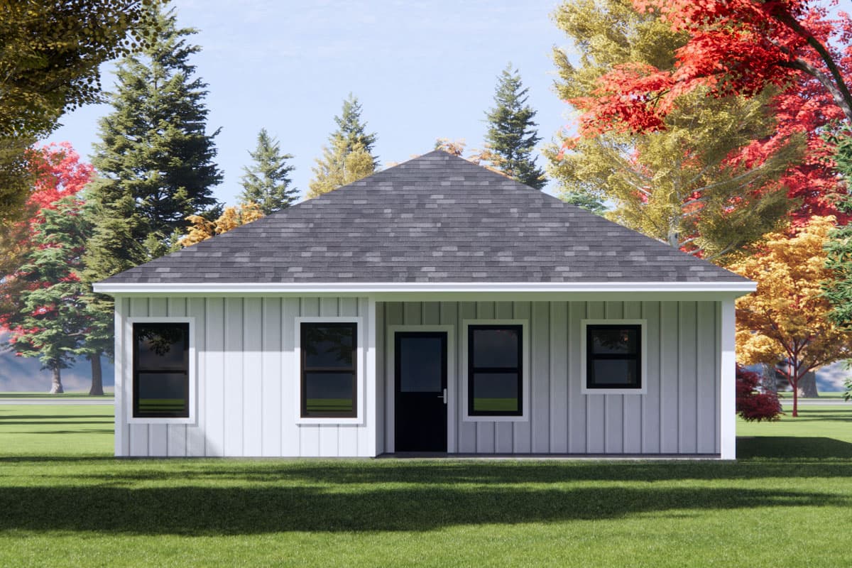 House plan exterior: one-story dwelling with gable roof, board-and-batten siding, and three windows flanking a central door.