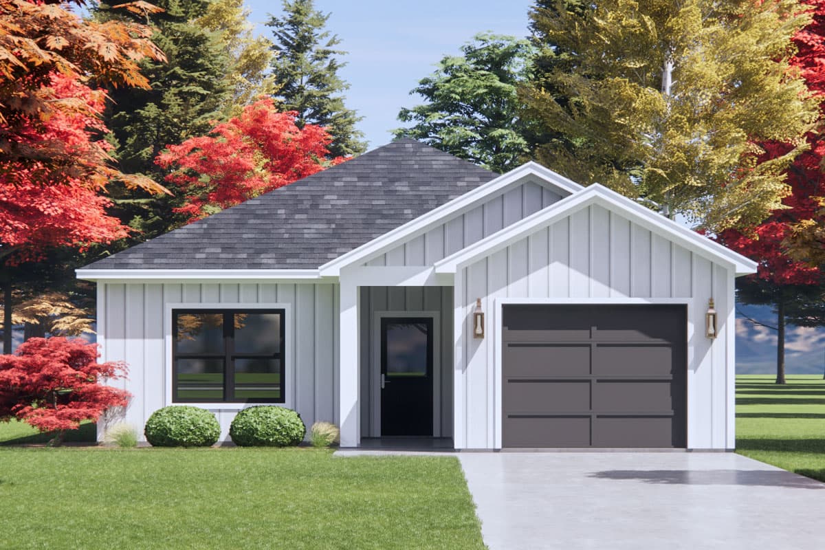 House plan exterior of a single-story modern farmhouse with board and batten siding, gabled roof, and a single-car garage.