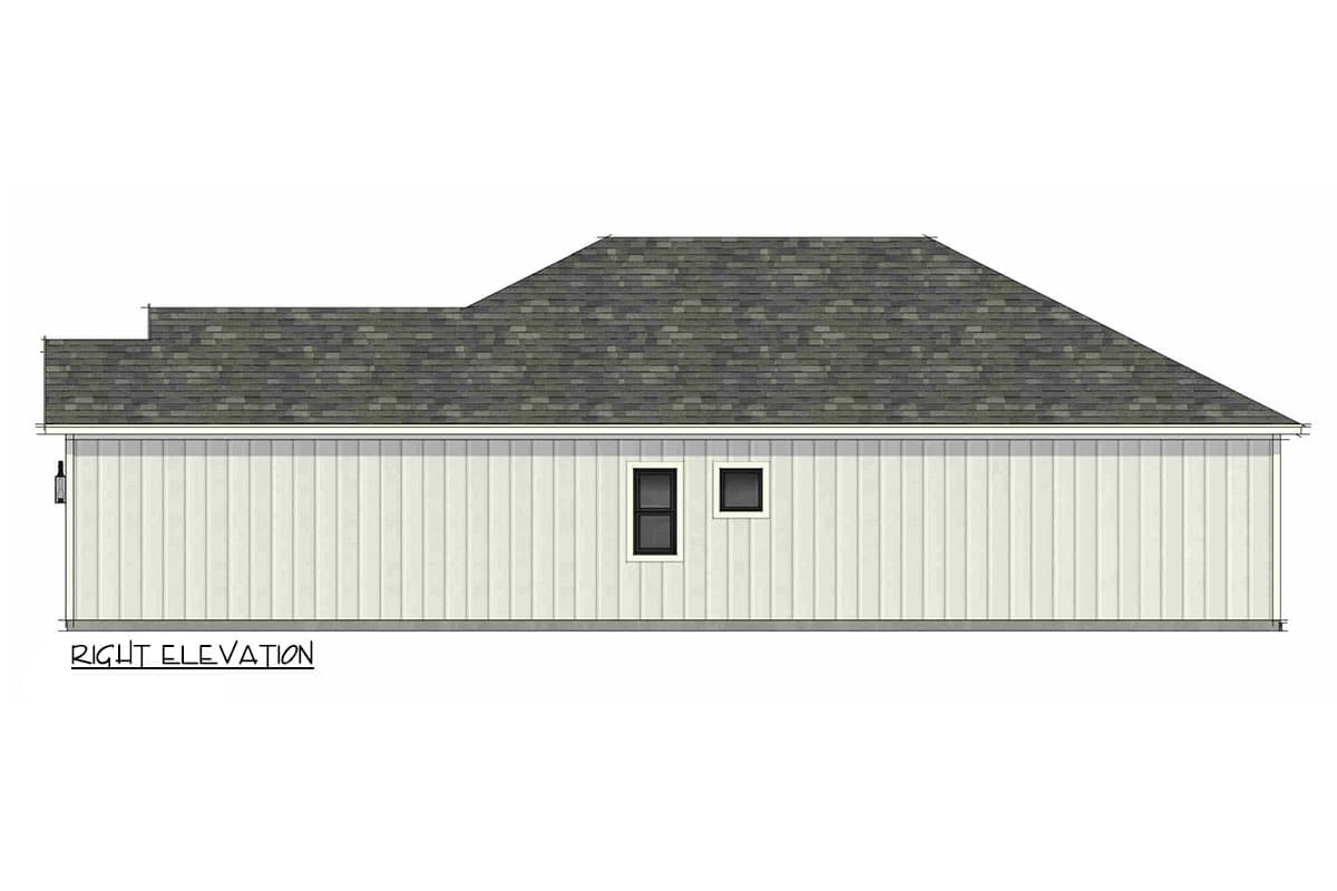Right elevation house plan showing a long, rectangular structure with vertical siding, a multi-level hip roof, and two small windows.