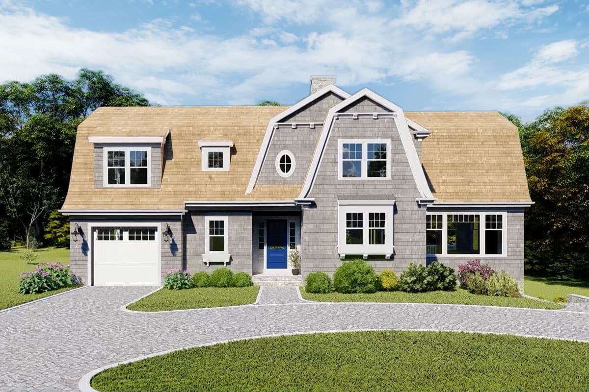 House plan exterior. Two-story Dutch Colonial with a gambrel roof, dormers, shingle siding, and a two-car garage.
