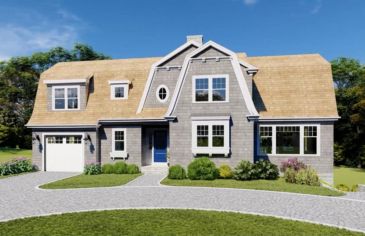 House plan exterior: Gambrel roof, two stories, gray shake siding, dormers, oval window above blue door, white garage.