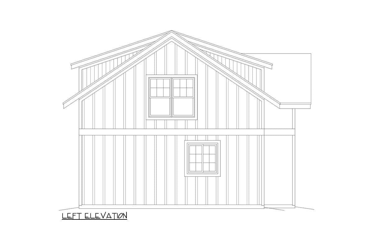 Left elevation drawing of a house plan showing vertical siding, two windows, and a gable roofline.