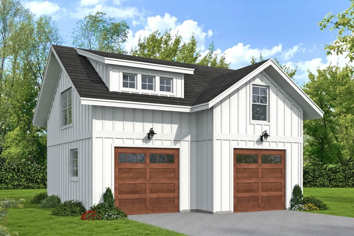 House plan exterior. Two-story Modern Farmhouse with a gabled roof, dormer, and two garage doors. Features include board and batten siding.
