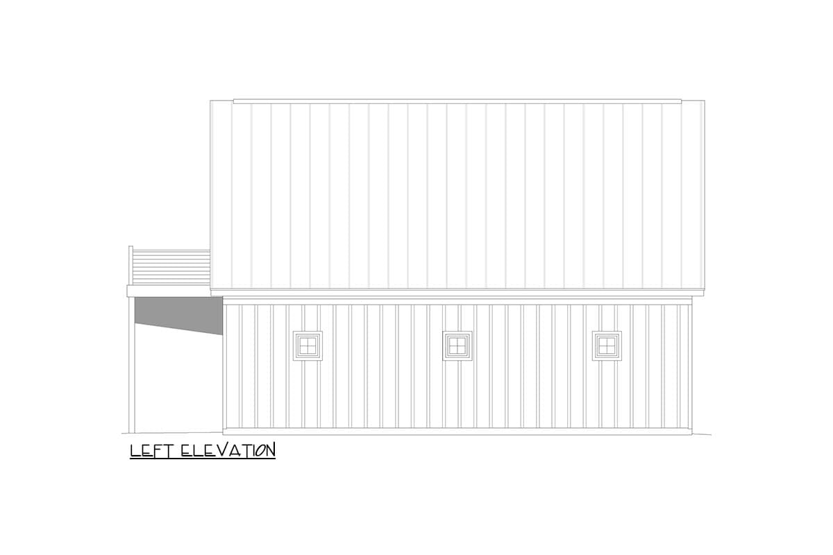 Left elevation drawing of a house plan with vertical siding, three small square windows, and a sloped roof.