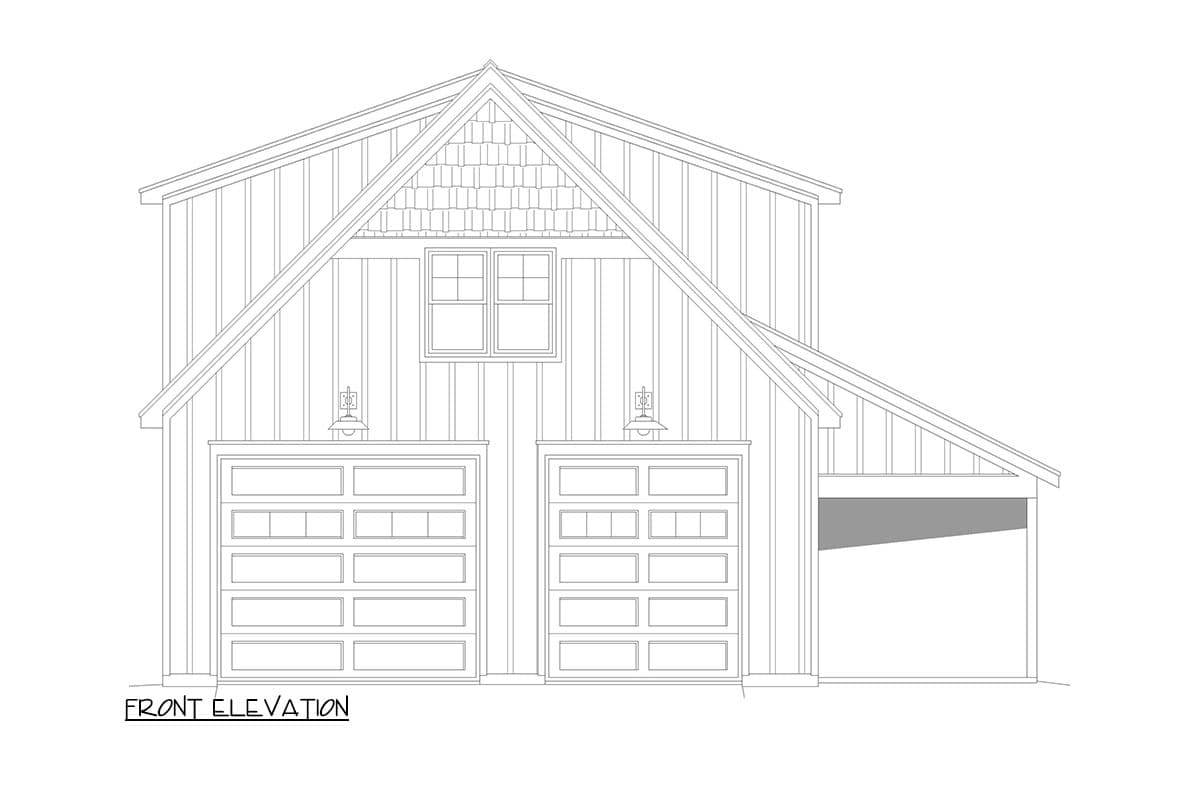 Front elevation of house plan showing two garage doors, a dormer window, and shed roof details.