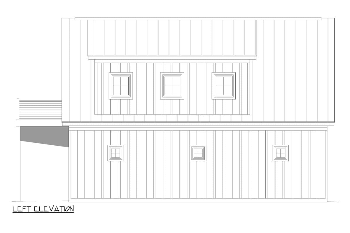 Left elevation drawing of a two-story house plan with vertical siding and multiple square windows.