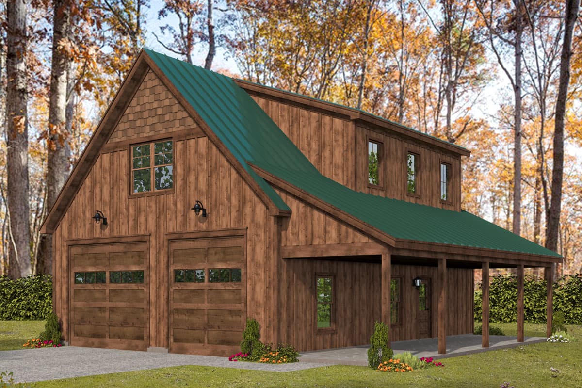 House plan exterior. Two-story structure with green metal roof, gabled roofline, and attached garage. Includes a covered porch with supporting posts.