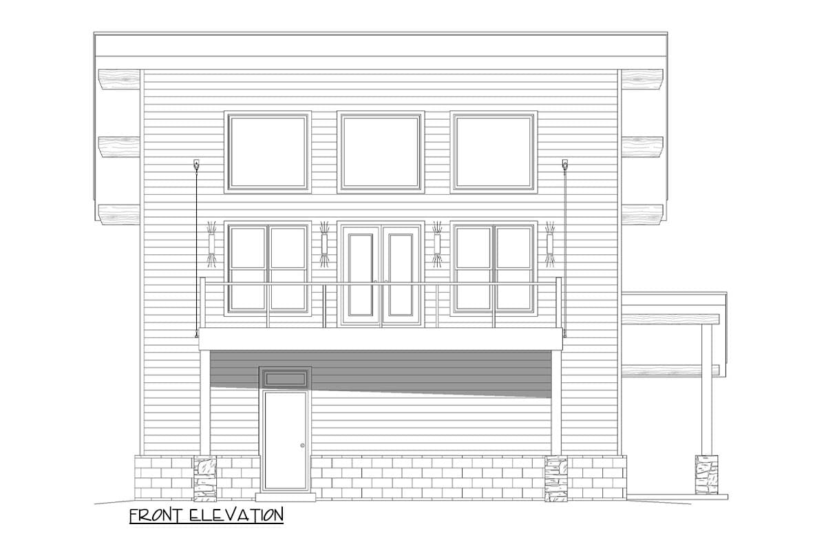 Front elevation drawing of a two-story house plan with a balcony, multiple windows, and exposed rafter tails.
