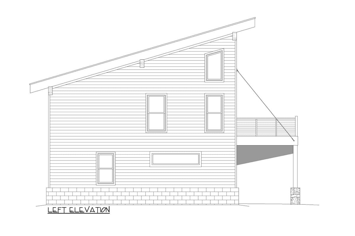 Left elevation drawing of a two-story house plan with a slanted roof, horizontal siding, a deck, and a stone-clad support column.