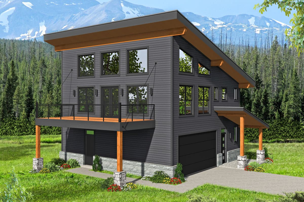 Modern house plan exterior with two stories. Features include a covered porch, a balcony with metal railing, and a side-entry garage.