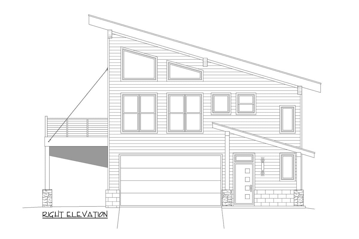 Right elevation house plan with modern style, pitched roof, garage, deck, and varied window sizes.