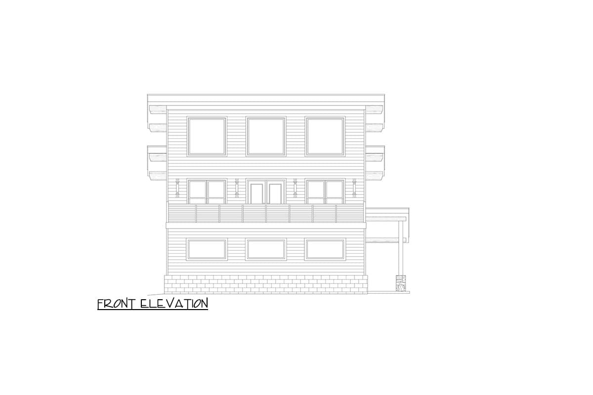 Front elevation drawing of a three-story house with horizontal siding, multiple balconies, and a covered porch entrance.