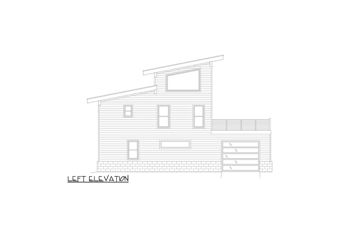 Left elevation drawing of a two-story house with a sloped roof, multiple windows, a deck, and a garage.