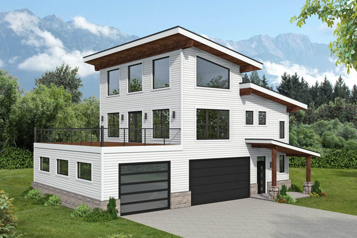 House plan exterior with modern design. Two-story home with flat roof, overhanging eaves, upper-level deck, and integrated garage.