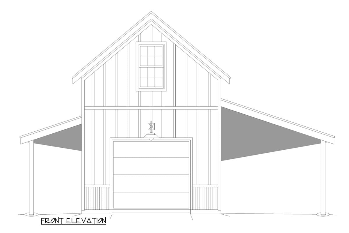 Front elevation of a house plan featuring vertical siding, a gable roof, a dormer window, a garage door, and covered carports.
