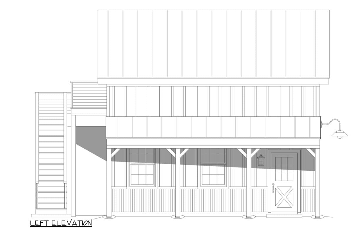 Front elevation drawing of a two-story house plan with a covered porch, metal roof, and exterior stairs.