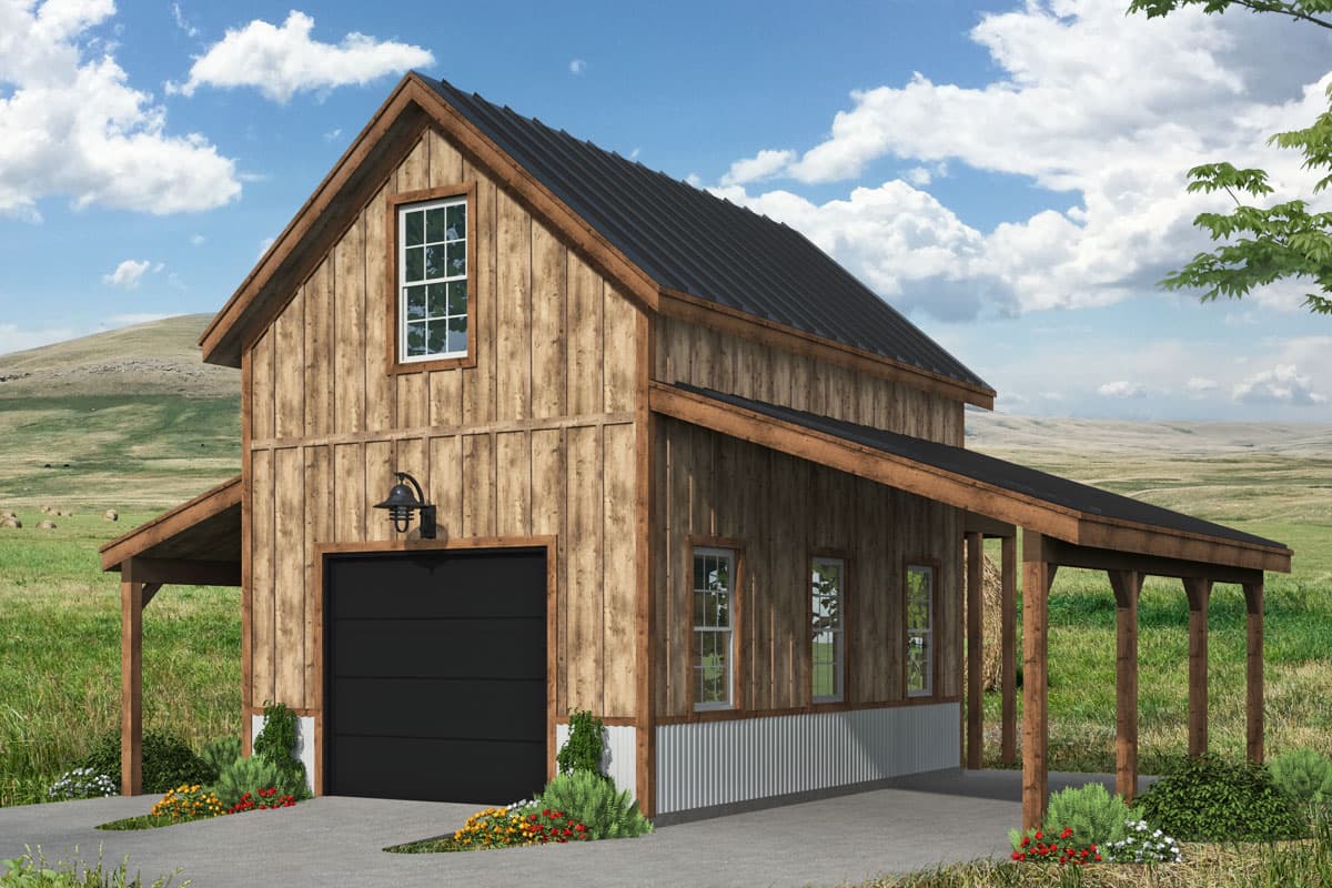 House plan exterior. Two-story barn-style design with gabled roof, garage, and a shed-roof covered porch.